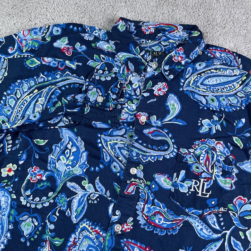Lauren Ralph Lauren Top Women Medium Blue Paisley Floral Cotton Tunic Monogram